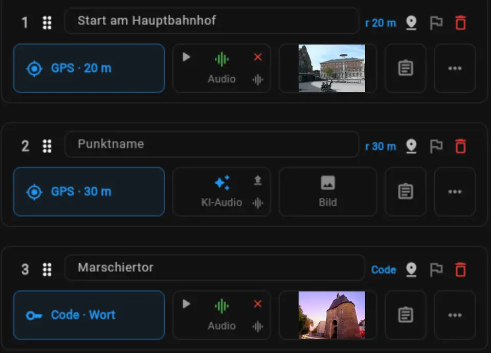 CHRONICLE STUDIO displays three stations with GPS and code activation plus audio and image actions.