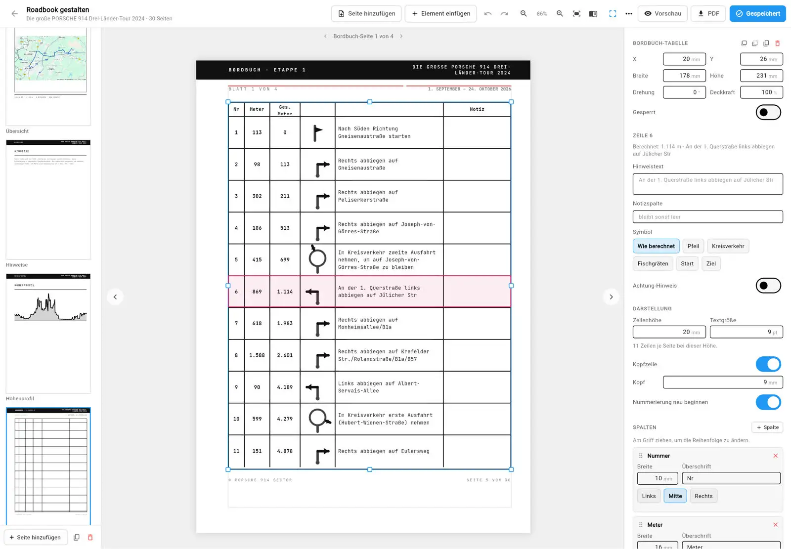 The roadbook editor in STUDIO with a logbook table of distances, direction symbols and driving instructions for the Three-Country Tour.