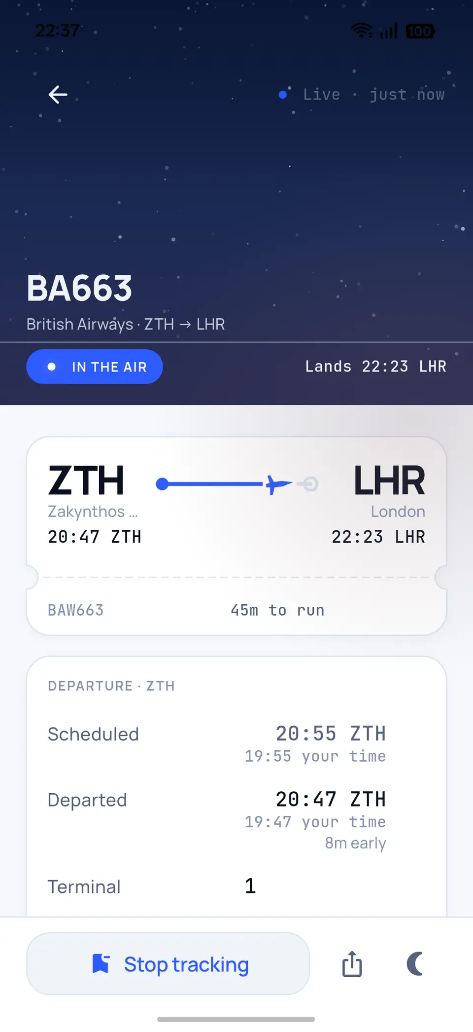 Contrail displays a live flight with location-labelled times for Zakynthos and London.