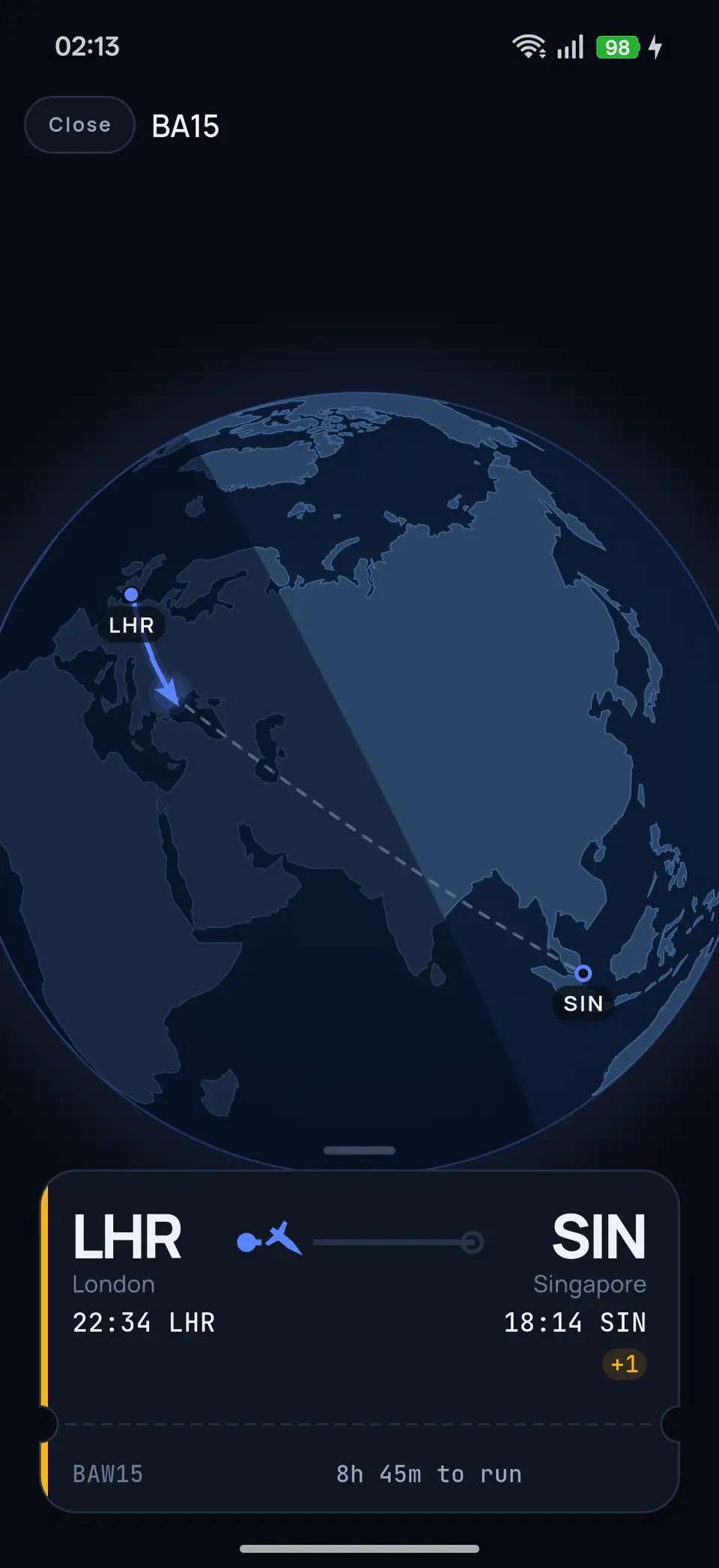 Contrail displays a dark globe with the great-circle route from London to Singapore and a day-night boundary.