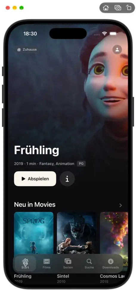 Mira iOS home screen highlights one production above rows of library content.