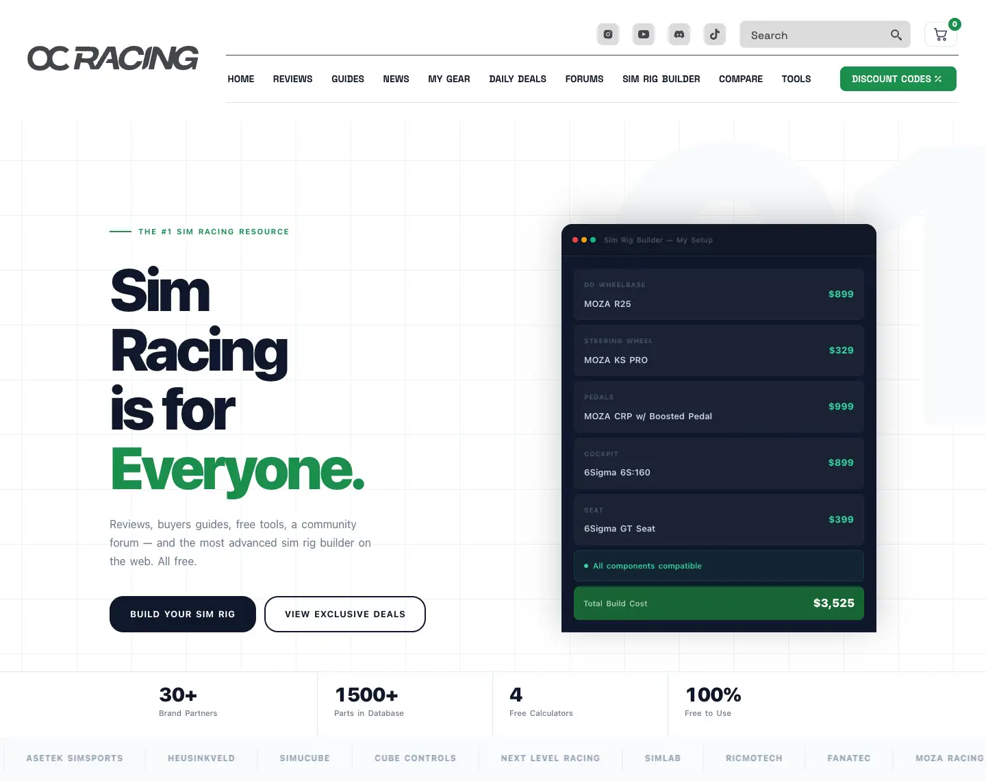 Startseite von ocracing.com mit dem Leitsatz „Sim Racing is for Everyone.“, einer Beispiel-Zusammenstellung und Kennzahlen zu Partnern und Produkten.