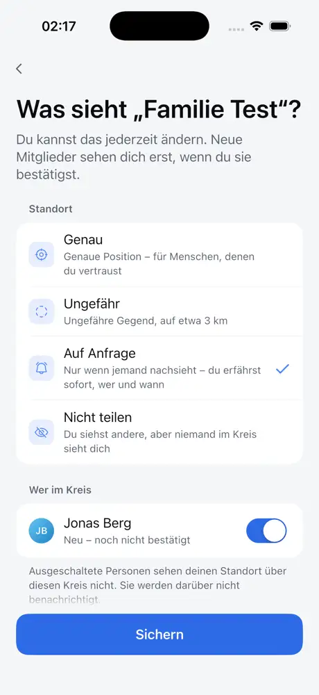 Orbit zeigt vier Freigabemodi für einen privaten Kreis: genau, ungefähr, auf Anfrage und nicht teilen.
