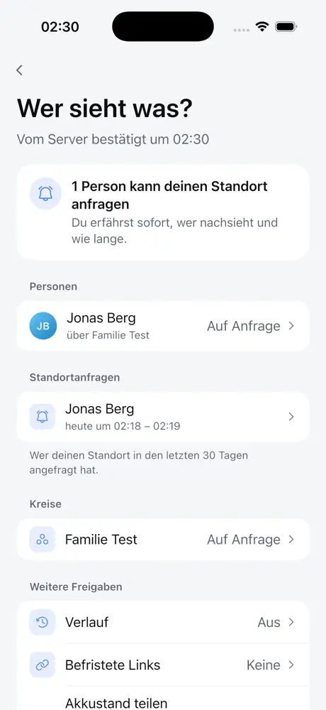Orbit zeigt eine Übersicht darüber, welche Person einen Standort anfragen kann und welche Freigaben aktiv sind.