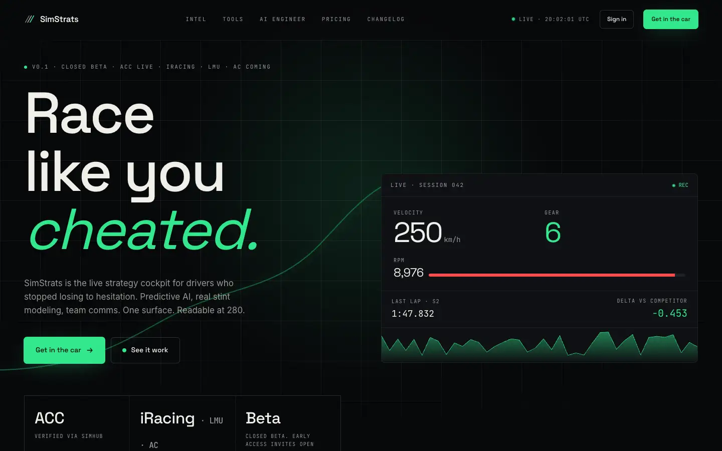 Startseite von simstrats.com mit dem Leitsatz „Race like you cheated.“ und einer animierten Telemetrie-Karte.